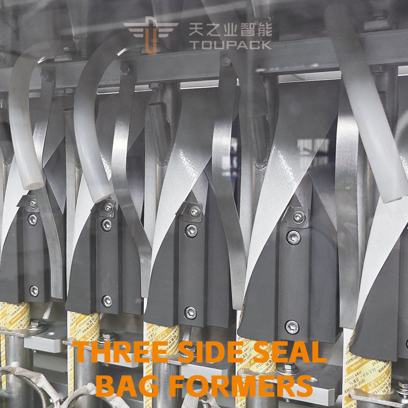 সম্পূর্ণ স্বয়ংক্রিয় ভিএফএস কেচপ প্যাকিং এবং ফিলিং মেশিন মাল্টি ট্র্যাক উল্লম্ব 4 পক্ষের সীল স্যাচেট টমেটো সস প্যাকিং মেশিন